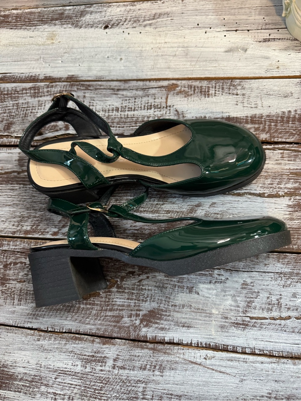T-Strap Slingback Chunky Heel in Dark Green - Picture 2 of 6